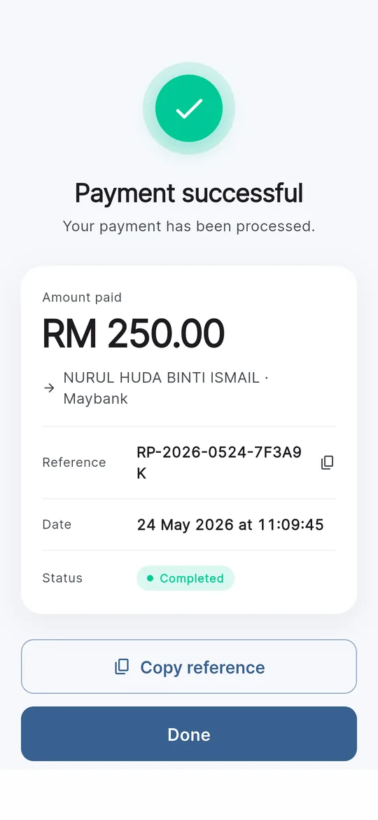 Successful payment receipt with reference number