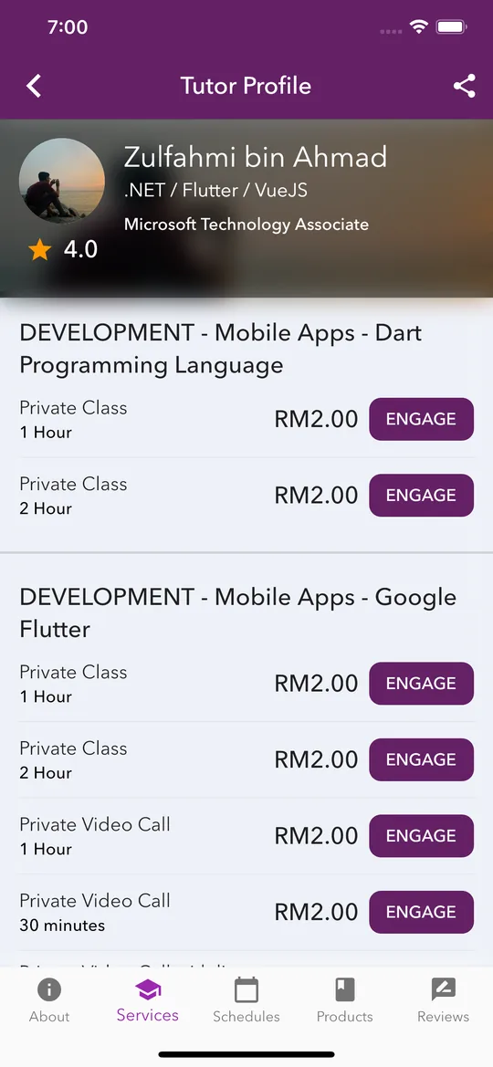 Tutor profile showing services, hourly pricing, and an engage button